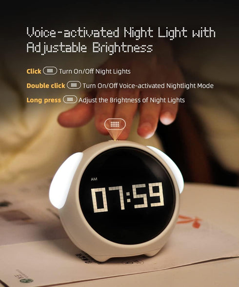 Kids Alarm Clock, Dual Alarm Setting, Adjustable Brightness Night Light, Toy and Gift for Children