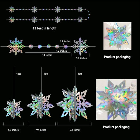 Cheerland Winter Wonderland Iridescent Snowflake Hanging Garland Decorations, Holographic Paper Snowflakes for Christmas