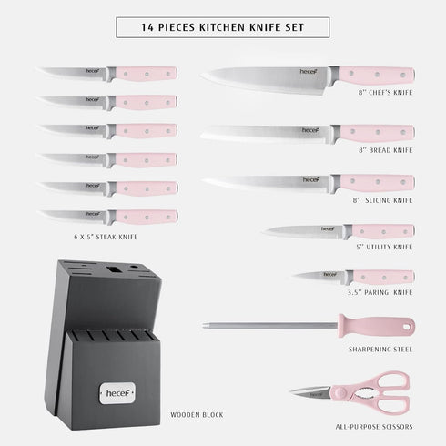 hecef Kitchen Knife Block Set, 14 Pieces with Wooden Block & Sharpener, High Carbon Stainless Steel Cutlery Set