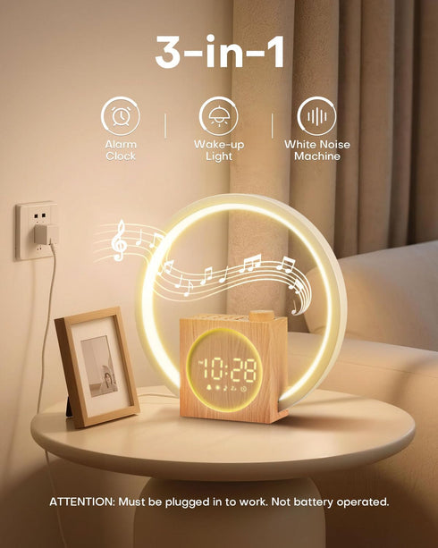 12 30 Sunrise Alarm Clock, White Noise Sound Machine, Alarm Clocks for Bedrooms with Color Ambient Nightlight, White