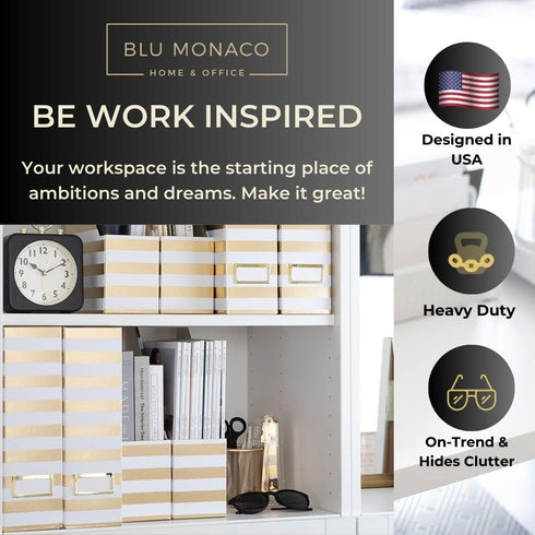 BLU MONACO Set of 4 Gold and White Striped Magazine File Boxes - Ideal Organizer for Desk Accessories and Office