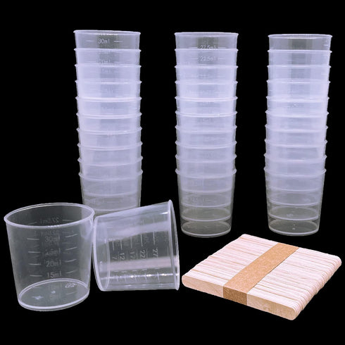 60 Pcs Plastic Graduated Cups, 30ml/1oz Clear Scale Cups with 50 Pcs Wooden Stirring Sticks for Epoxy, Resin, Mixing