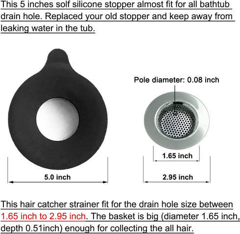 2PCS Bathtub Stopper Hair Catcher Kit, Silicone Drain Stopper for Bathroom, Tub Stopper Plug Cover