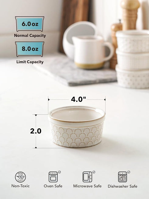 LE TAUCI 6 oz Ramekins, Oven Safe, Ceramic Baking Dishes for Creme Brulee, Set of 4