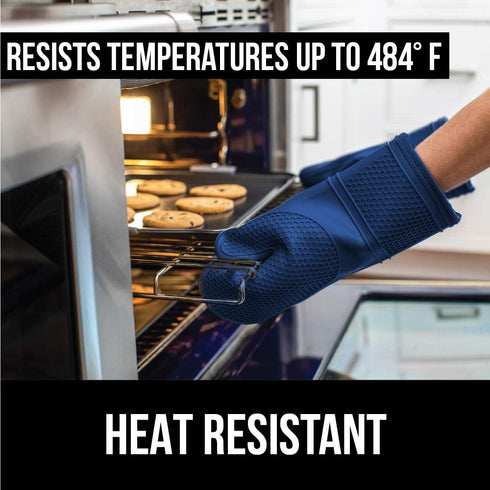 Gorilla Grip Heat and Slip Resistant Silicone Oven Mitts Set, Long Flexible Gloves for Cooking, Blue