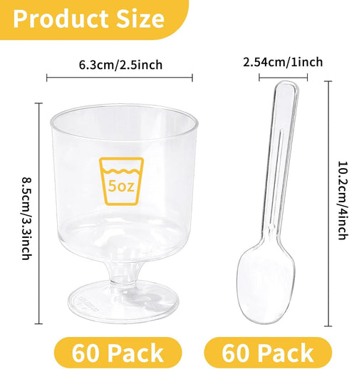 120 Pack Set 60 5Oz 60 Golblet Plastic Dessert Cups Pcs Clear Mini Parfait Cup with Spoons for Party, Disposable Round