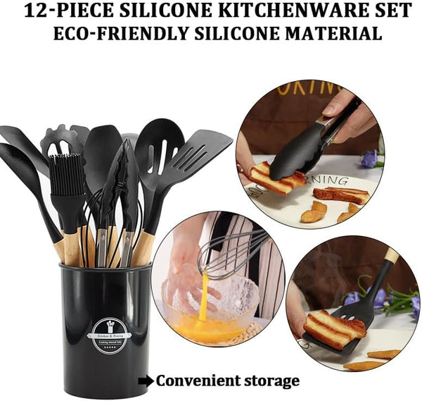 Infinite Kitchen Utensils Set-Pieces | Silicone Cooking Utensils Set for Nonstick Cookware | Heat Resistant 392°F | Dishwasher Safe Cooking Utensil Sets with Holder Utensilios de Cocina (BLACK)