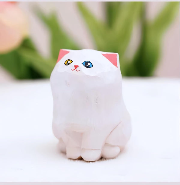 Hand Carved Wooden White Cat Figurine Unique Odd-Eyed Lion Cat Statue Desk