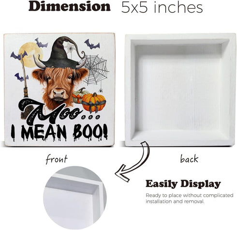 VIYZZX Halloween Highland Cow Wood Box Sign Decor Witchy Cow Moo I Mean Boo Block Sign Home Shelf Table Wall