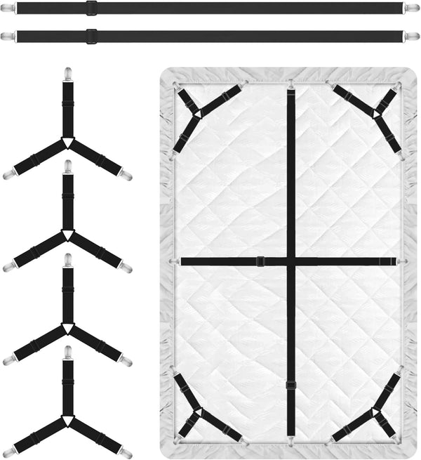 Bed Sheet Holder Straps, 4+2 Pcs Adjustable Mattress Sheet Clips, Elastic Fasteners to Keep Bed Sheet in Place