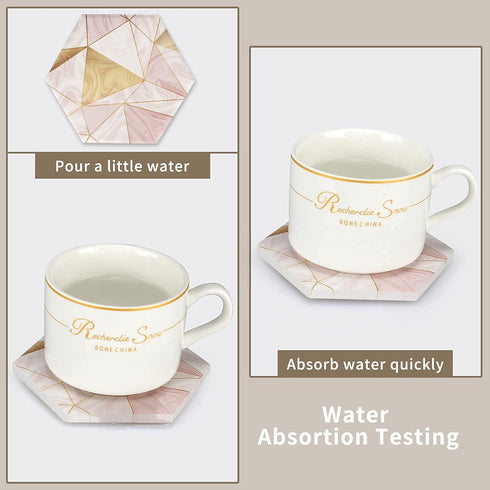 6 Pack Set Pink Marble Coasters with Holder Gold Absorbent Drink Unique Coaster Cute Ceramic Table Coaster Funny