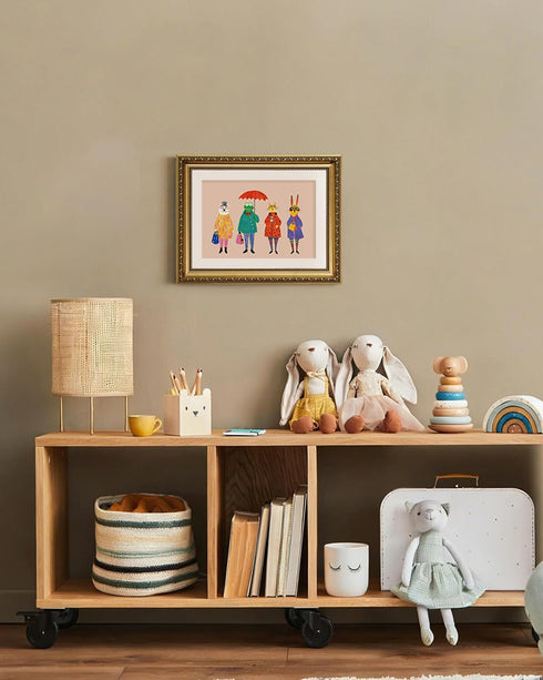 11x14 ARPEOTCY Framed Canvas Wall Art, Whimsical Animal Family Illustration, Storybook Style Wall Decor for Nursery