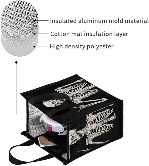 Ouqiuwa Cute Reusable Lunch Bag, Lunch Tote Handbag for Women Men, Rock and Roll Skeleton