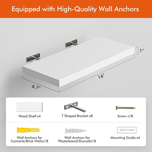 YUFLINX 16White Set 4,Rustic Floating Shelves for Wall of Wood Shelf for Room Decor/Storage/Display,Small
