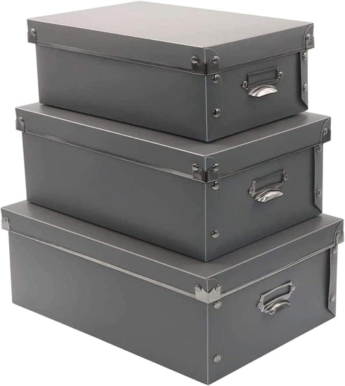 Foldable Storage Baskets, 3 Piece Waterproof Plastic Box with Lid for Toys/Shoes, Multiple Sizes, Grey