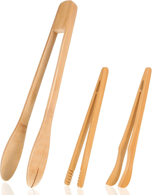 Zopeal 3 Pcs Wooden Tongs - Long Bamboo Kitchen Tongs for Picking Up Cheese, Bacon, Toast, Cake, Fruits, Bread