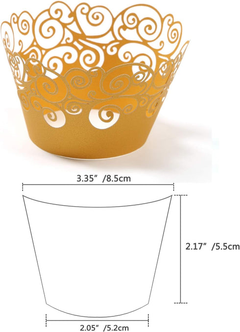 KPOSIYA Cupcake Wrappers, 100 Pack Filigree Artistic Bake Cake Paper Cup, Gold Laser Cut Liner for Wedding Party
