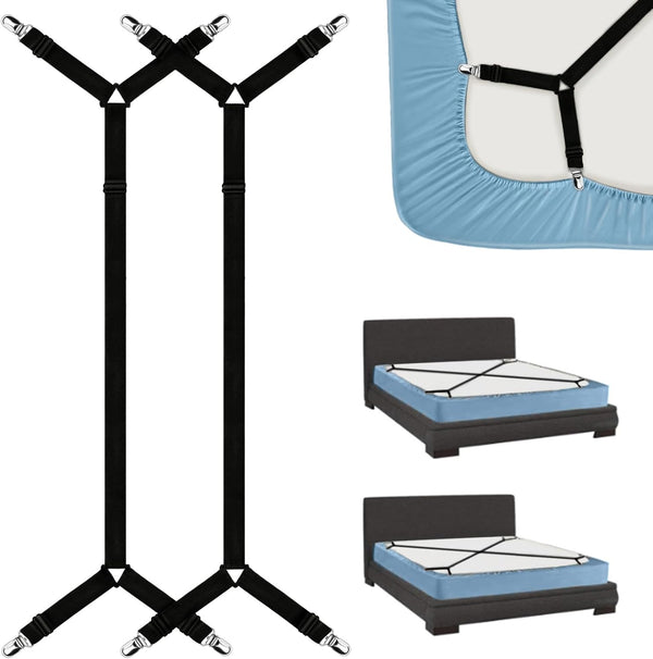 Bed Sheet Holder Straps, Adjustable Stretch Fasteners for Fitted Bed Sheet Holder Grippers Clip, 2pcs/Set Black