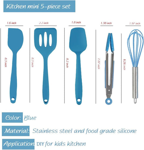 Mini Kitchen Utensil Set, 5-Piece Tiny Silicone Tools for Kids Baking - Blue Whisk, Spatula, Tongs, Spoon