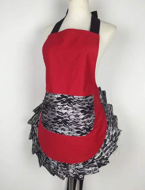 Hyzrz Cute Lace Flirty Apron with Pocket, Retro Sexy Cooking Pinup Apron for Women Girls (Red)