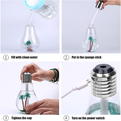 Portable Bulb Air Humidifier, USB Ultrasonic Mini Diffuser with 7 LED Colors for Home Office, 400mL, Silver