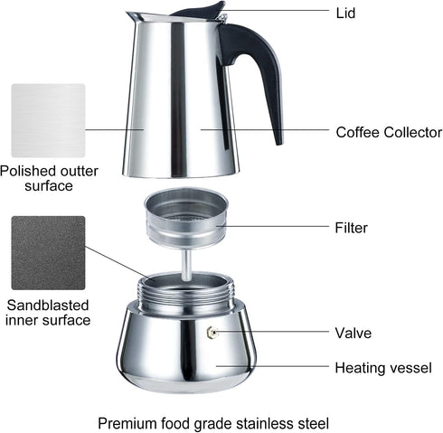 2 Cup 100ML 3.3oz Stainless Steel Moka Pot Espresso Maker - Italian Coffee Percolator for Home Camping