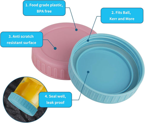 Vaincre 8PCS Mason Jar Lids, Colored Plastic Regular Mouth Leak Proof Canning Lids with Silicone Rings for Ball Jars