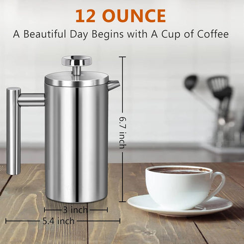 French Press, 12oz Double-Wall Insulated Coffee Maker, Stainless Steel with 3 Level Filtration System
