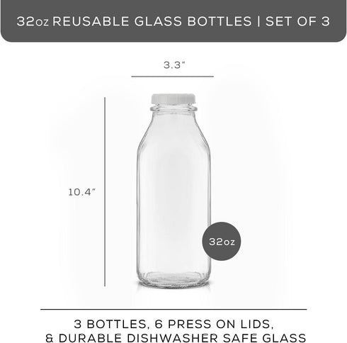 32 Oz, 3 Pack JoyJolt Glass Milk Bottles with Lids and Pourer Airtight Heavy Duty Reusable Glass Bottles, Leakproof