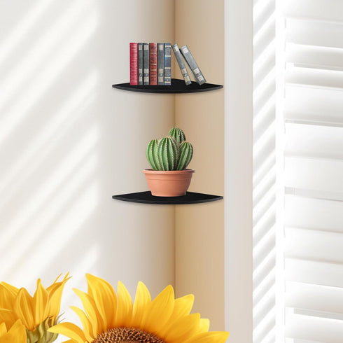 JJL 12-Inch Set 2 Corner Shelf Wall Mounted, Sector Wood Floating Corner Shelves with Wire Hole, of Circular arc Corner