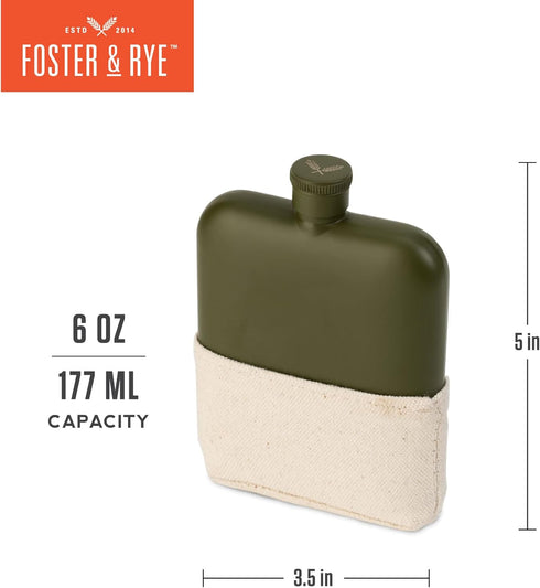 Foster & Rye 6oz Flask Whiskey Men-Stainless Steel Alcohol Matte Army Green with Canvas Wrap, Set of 1