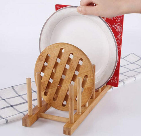 2Pcs Natural Bamboo Slip Drain Dish Rack - Home Kitchen Bamboo Wood Plates Rack for Pans and Cups