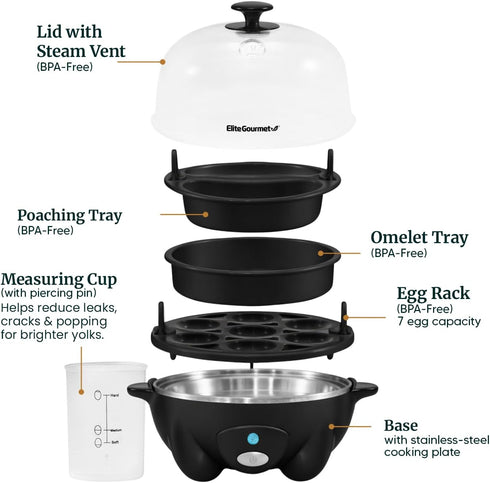EGC-007B# 7 16-Recipe Elite Gourmet Rapid Egg Cooker, Easy-To-Peel, Hard, Medium, Soft Boiled Eggs, Poacher, Omelet