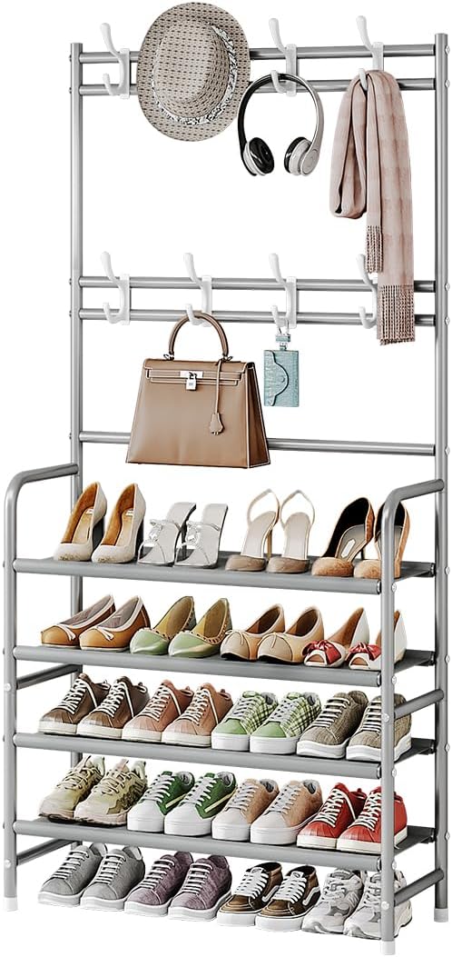 Coat Rack Shoe Rack With Storage Shelf Freestanding with 8 Hooks for