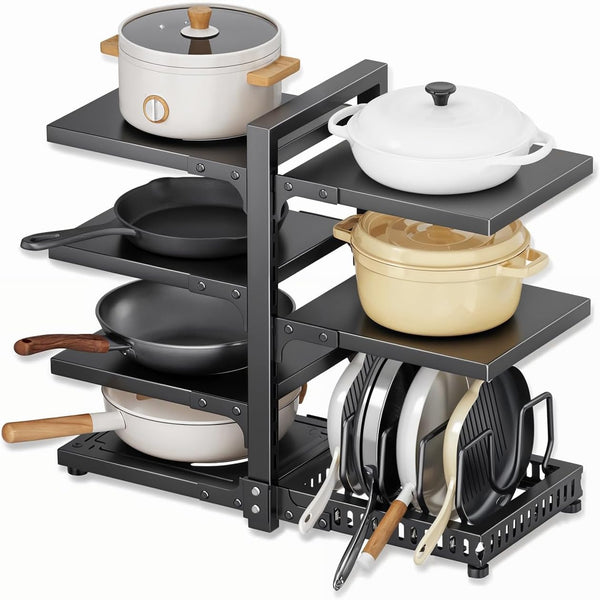 Heavy Duty 7-Tier Pots and Pans Organizer Rack for Kitchen Cabinet Storage, Adjustable Under Cabinet (Black)
