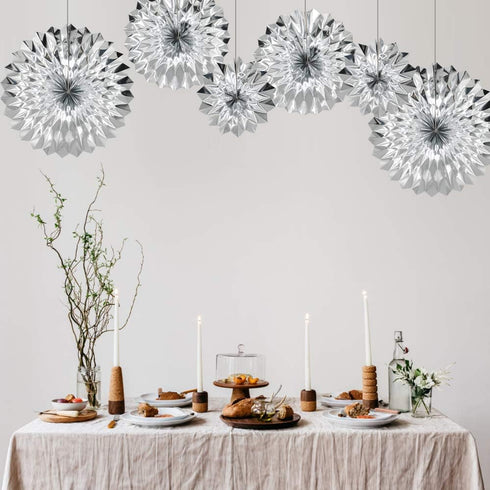 Hanging Paper Fans Party Set, Silver Round Pattern Paper Garlands for Birthday, Baby Shower, Graduation, Set of 6
