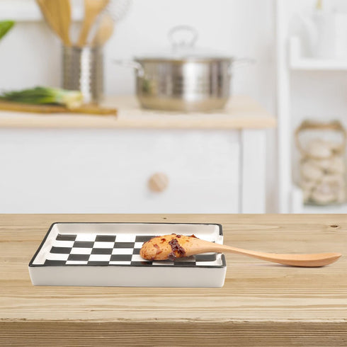 Large Ceramic Spoon Rest for Kitchen Counter, Dishwasher Safe Marble Decor Spoon Holder (Black & White, 1)