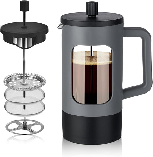 YOLIFE 34oz French Press Coffee Maker, 4 Cup, Heat-Resistant Borosilicate Glass, Portable Cold Brew (Grey/Black)