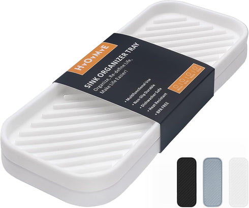 Silicone Organizer Tray, Soap and Sponge Holder for Kitchen Sink, Bathroom - 2 Pack Storage Tray (White)