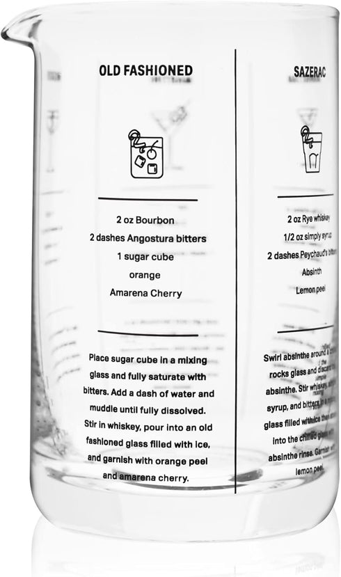 True Mixing Glass Cocktail and Bar Tools: 17 Oz, 1-Piece with Thick Base, Pour Spout, and 5 Printed Recipes