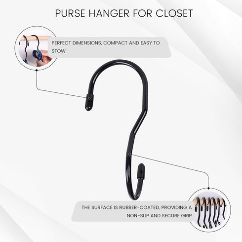 JOHOUSE 14PCS Purse Hanger for Closet - Large Size Closet Rod Hooks Black Vinyl Coated Bag Hanger Organizer Hooks
