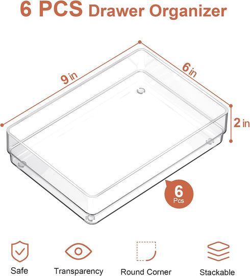 SMARTAKE 6 PCS Clear Plastic Drawer Organizers Set, Large Size Non-Slip Desk Drawer Organizer, Versatile Bathroom and Vanity Drawer Organizer Trays for Makeup, Bedroom, Office, Kitchen Utensils by SMARTAKE
