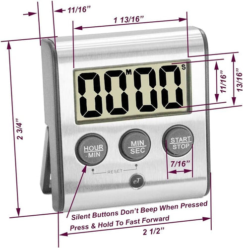 Elegant eTradewinds Digital Kitchen Timer, Stainless Steel Model eT-78, Displays 0-99 Min. or 0-99 Hr., Auto Shut Off