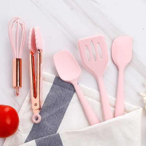 Set Collfa Rose Gold And Pink Kitchen Utensil Small Five-Piece Mini Silicone Kids Kitchen Tools Whisk Spatula Tongs