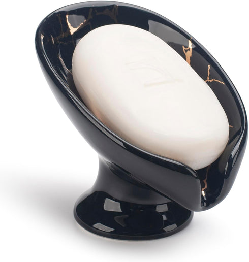 Ceramic Soap Dish, Leaf Shape, Self Draining, Black