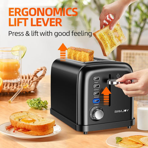 Black 2 Slice Toaster, Extra Wide Slot for Bagels, 7 Shade Settings, Removable Crumb Tray