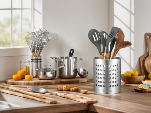 KSENDALO 304 Stainless Steel Utensil Holder Sturdy Silverware Drainer Basket, Utility Utensil Drying Rack Silverware Drying Rack for Countertop, Silver (5.32inch Tall) by KSENDALO