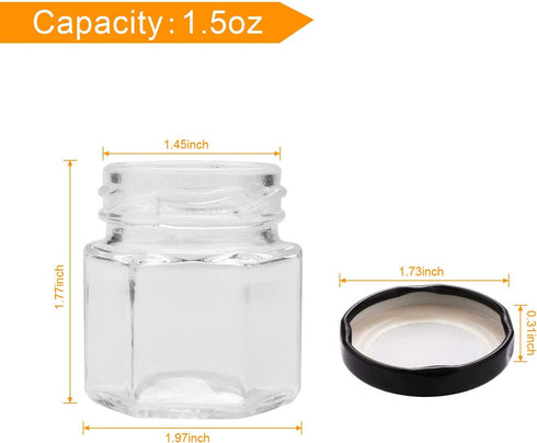 Encheng 1.5 oz Clear Hexagon Jars,Small Glass Jars With Lids(black),Mason Jars For Herbs,Foods,Jams,Liquid,Mini Spice Jars For Storage 30 Pack