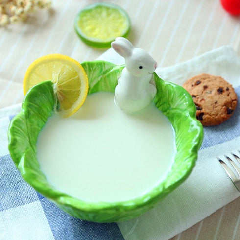Cute Cartoon Cabbage with Rabbit Shaped Ceramic Bowls, Rice Bowls, Salad Bowls, Soup Bowls