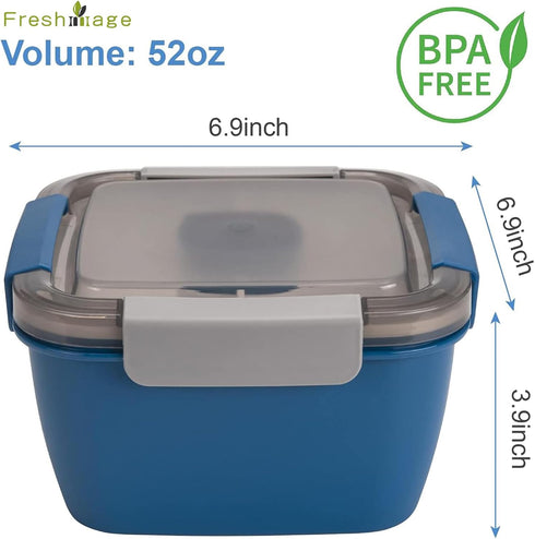 Freshmage 52-oz Salad Lunch Container To Go, 3 Compartments, Salad Dressings Container for Toppings, Snacks, Blue